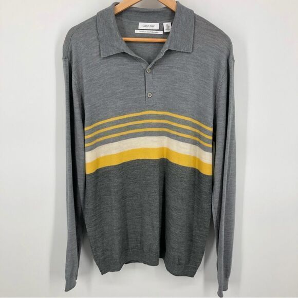 Calvin Klein Merino Wool Henley Sweater Mens Large Gray Yellow Stripe - Picture 1 of 8